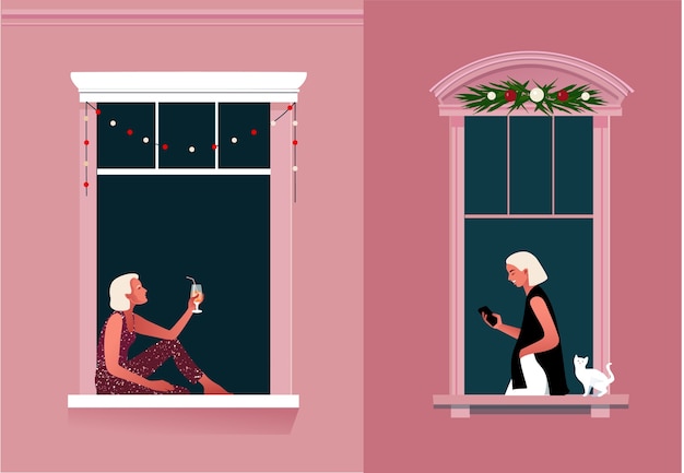 Celebración de año nuevo o navidad. cierre de emergencia. vida en cuarentena. marcos de ventana con vecinos celebrando. nieve. ilustración colorida en estilo plano moderno.