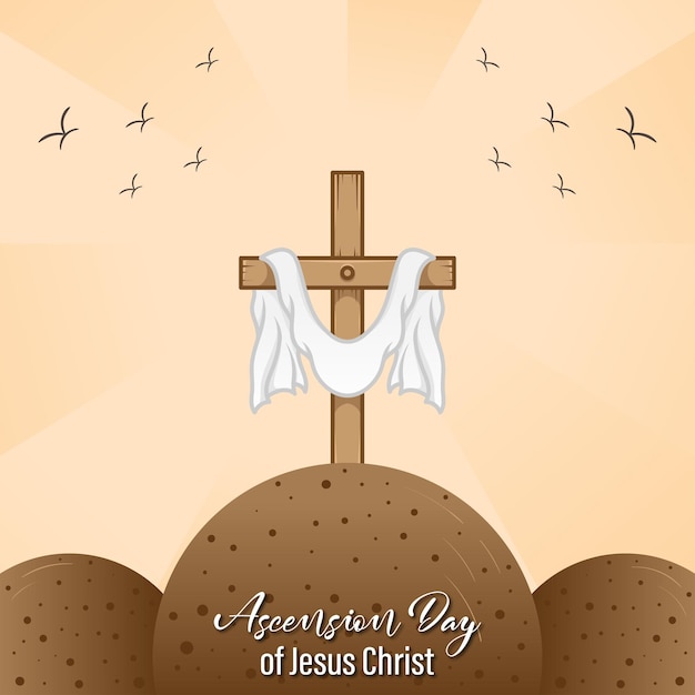 celebración de la ascensión de Jesucristo con adornos de nubes celestiales colinas cruz de Jesús