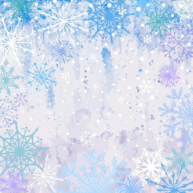 Celebración azul vectorial de invierno o tarjeta cuadrada de invitación con copos de nieve cayendo en la helada