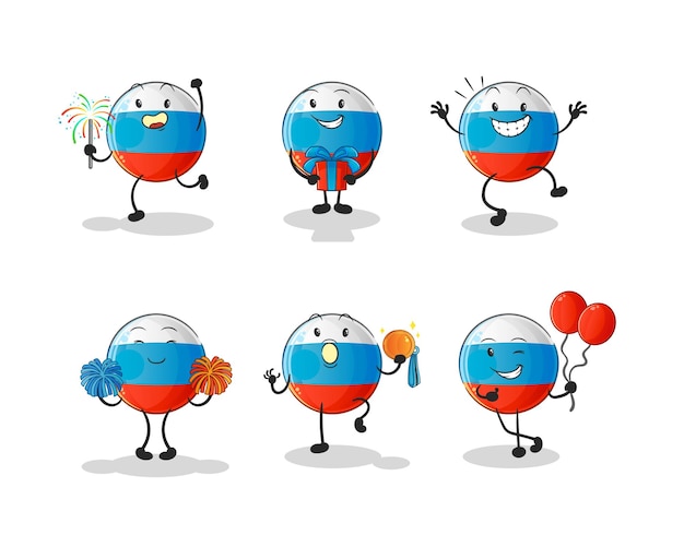 Celebración de la bandera de rusia establece el carácter. vector de mascota de dibujos animados