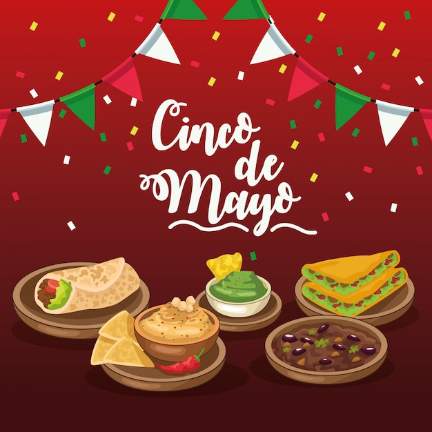 Celebración del cinco de mayo con guirnaldas y comida