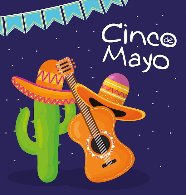 Celebración del cinco de mayo con guitarra y sombrero mexicano.