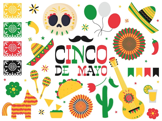 Celebración del Cinco de Mayo en México Iconos conjunto elemento de diseño cráneo plano papel picado etc.