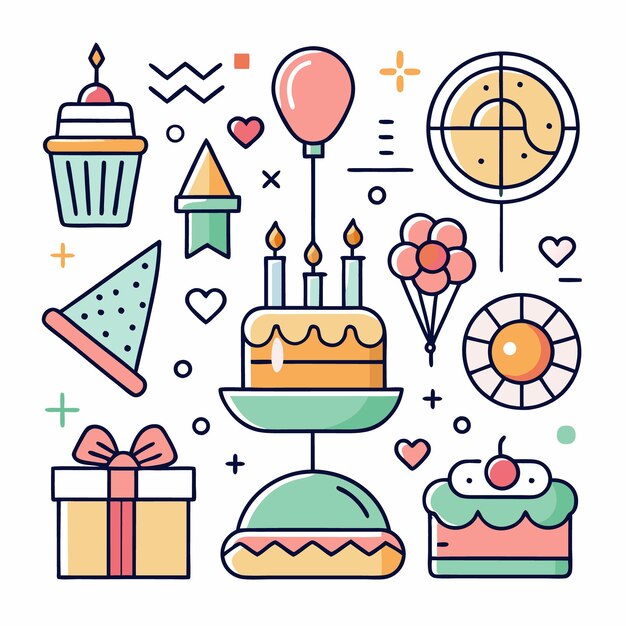 Celebración colorida de la fiesta de cumpleaños con pastel, pasteles, regalos, globos y un sombrero de fiesta