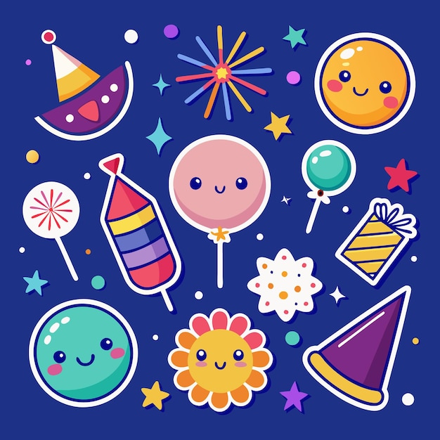 Una celebración colorida con sombreros de fiesta, globos, fuegos artificiales y estrellas sobre un fondo azul.