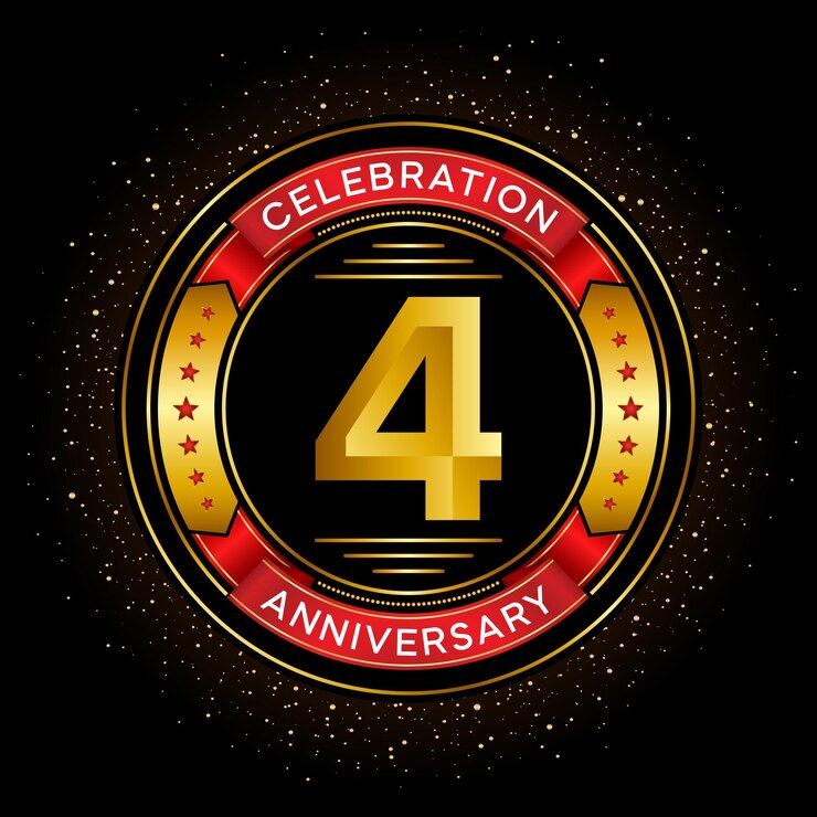 Vector celebración del cuarto aniversario con cinta roja aislada en el diseño vectorial de fondo negro