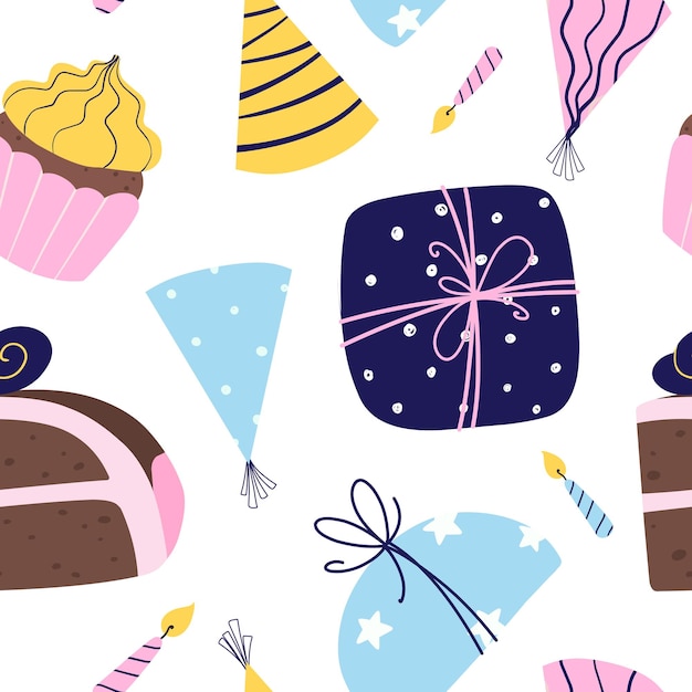 Celebración de cumpleaños plano dibujado a mano de patrones sin fisuras impresión festiva con regalos, velas y pasteles