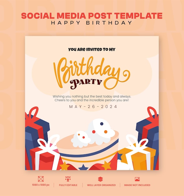 Celebración de cumpleaños plantilla de redes sociales con pastel y cajas de regalos