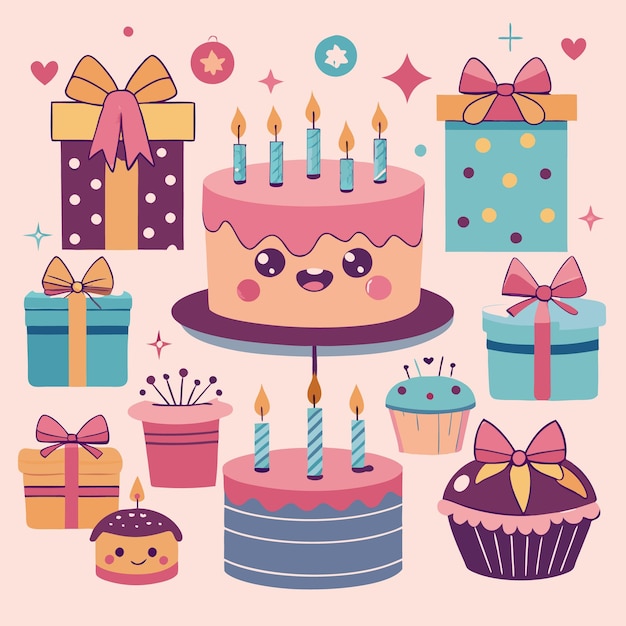 Celebración de cumpleaños con regalos de pastel y pasteles