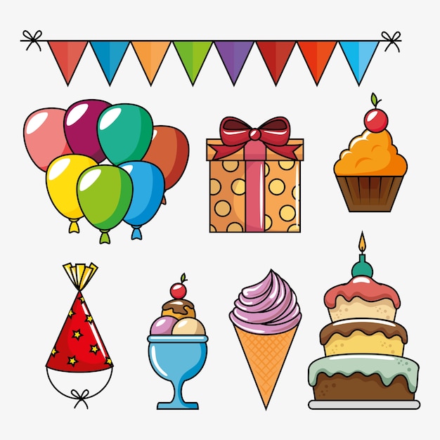 Vector celebración de cumpleaños set iconos ilustración vectorial diseño