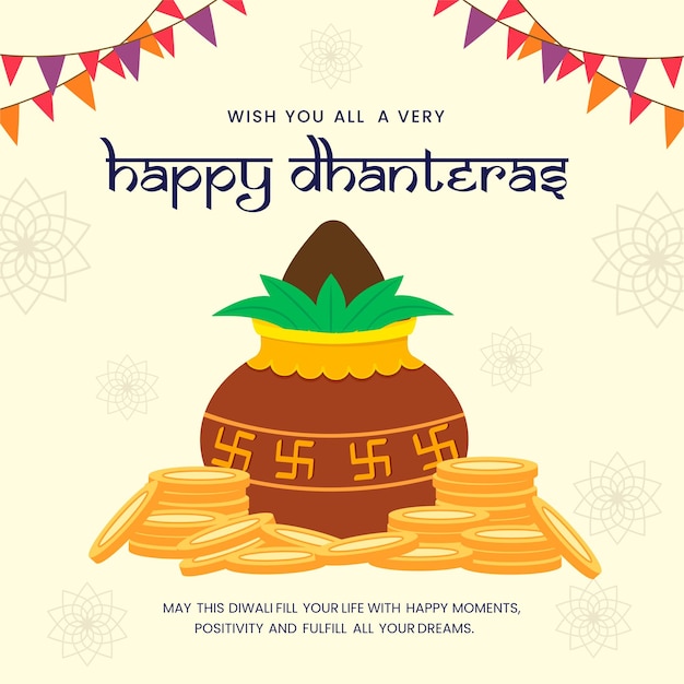 Celebración de Dhanteras y cartel o pancarta de celebración del festival Diwali con olla de monedas de oro. vector