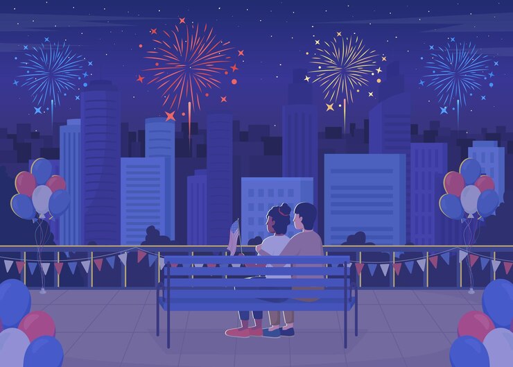 Celebración del Día de la Independencia en la ilustración de vector de color plano de noche