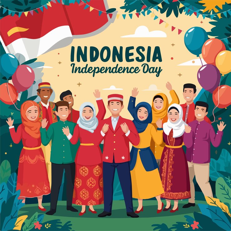Celebración del día de la independencia de Indonesia con ilustración vectorial de la bandera