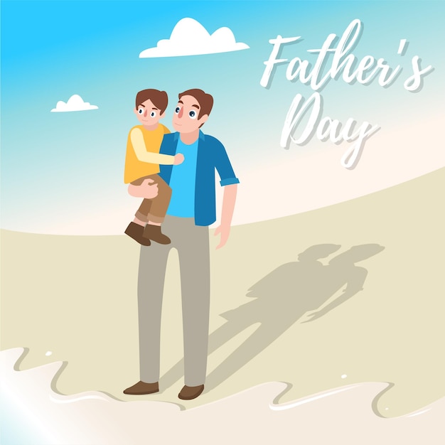 Vector celebración del día mundial del padre con ilustración de padre sosteniendo a su hijo en la playa