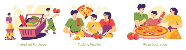 Celebración del Día Nacional de la Pizza a través de la preparación de alimentos Familias comprando ingredientes cocinando juntas