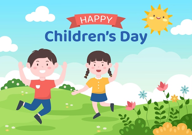 Celebración del día del niño feliz con niños y niñas jugando en la ilustración de fondo de dibujos animados