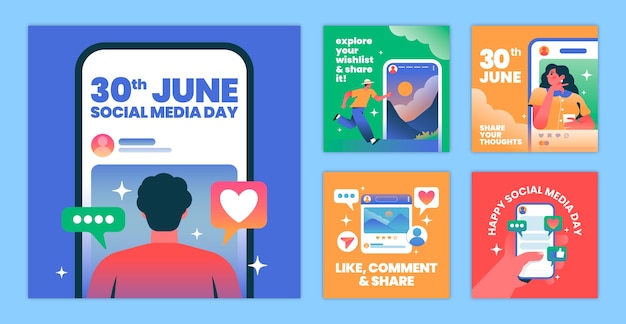Celebración del día de las redes sociales con ilustraciones de teléfonos móviles