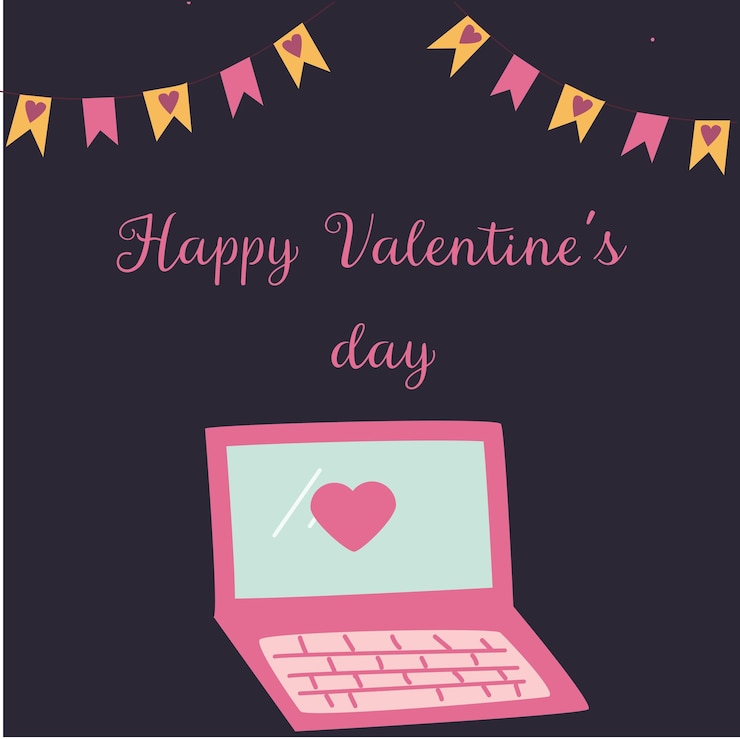 Vector celebración del día de san valentín con portátil de corazón y pancartas festivas