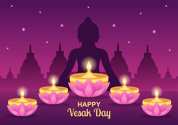Celebración del día de Vesak con la linterna de la flor de loto de la silueta del templo o la persona de Buda en la ilustración