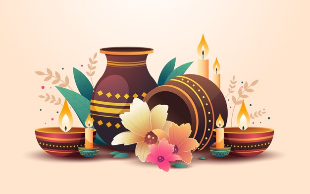 Celebración de Diwali: lámparas de aceite, velas y ollas de arcilla