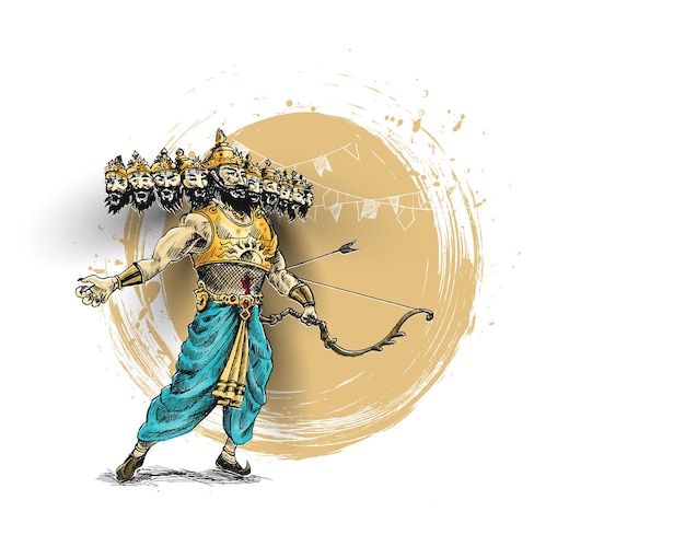Celebración de dussehra - ravana con diez cabezas, ilustración de vector de boceto dibujado a mano abstracto.