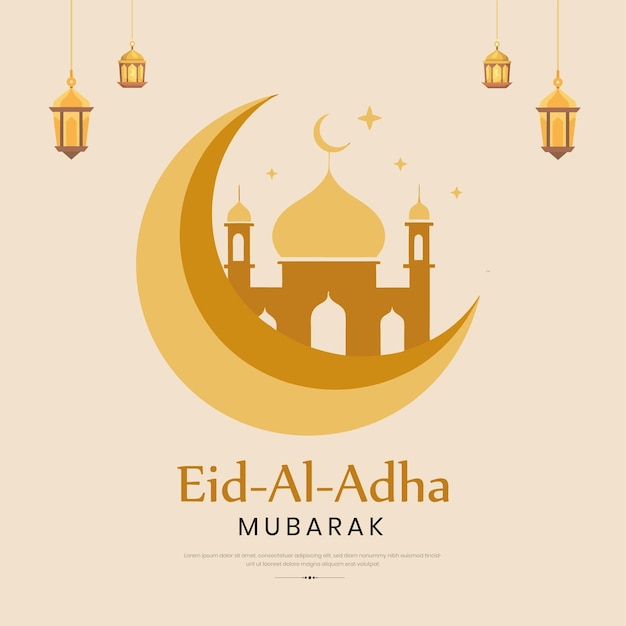 Celebración de Eid al-Adha Mubarak con mezquita y luna creciente