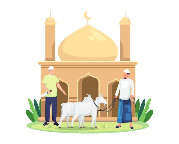 Celebración de Eid al-Adha Qurban. Celebra a todos los musulmanes sacrificando ganado. Personas con cabra para qurban. Feliz Eid Al Adha el sacrificio de animales de ganado. Ilustración de vector de estilo plano