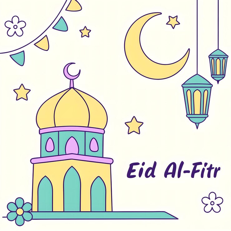 Celebración de Eid al-Fitr con estrellas de luna y linternas de la mezquita