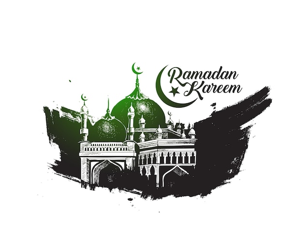 Celebración de Eid Mubarak Caligrafía Letras con estilo Ramadán Kareem Texto con Mezquita Vector ilustración