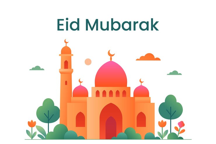 Celebración de Eid Mubarak Una colorida ilustración de la mezquita Feliz Eid al Adha al Fitr Saludo islámico