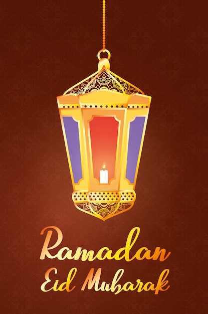 Celebración de Eid Mubarak con letras y linterna colgando