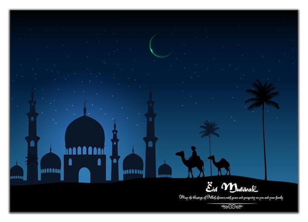 Celebración de Eid Mubarak con mezquita y camellos
