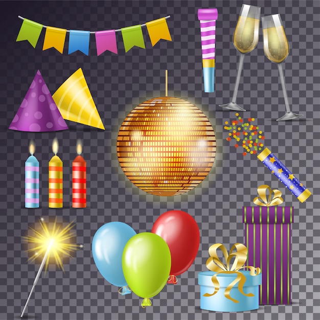 Celebración feliz del nacimiento de la historieta del vector de la fiesta de cumpleaños con los regalos o los globos en el conjunto del aniversario de la bola de discoteca o la ilustración de la bengala del año nuevo y de la vela aislada