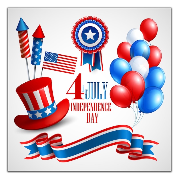 Celebración festiva del 4 de julio con globos de fuegos artificiales y símbolos patrióticos