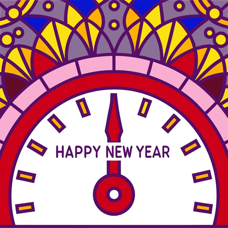 Vector celebración festiva de feliz año nuevo con fuegos artificiales y diseño de ilustraciones vectoriales de reloj