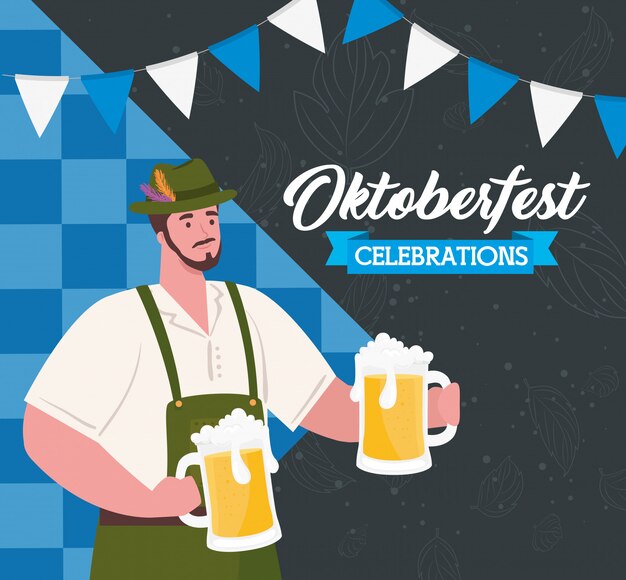 Vector celebración del festival de la cerveza oktoberfest y hombre vestido con ropa tradicional con jarras de cerveza, diseño de ilustraciones vectoriales