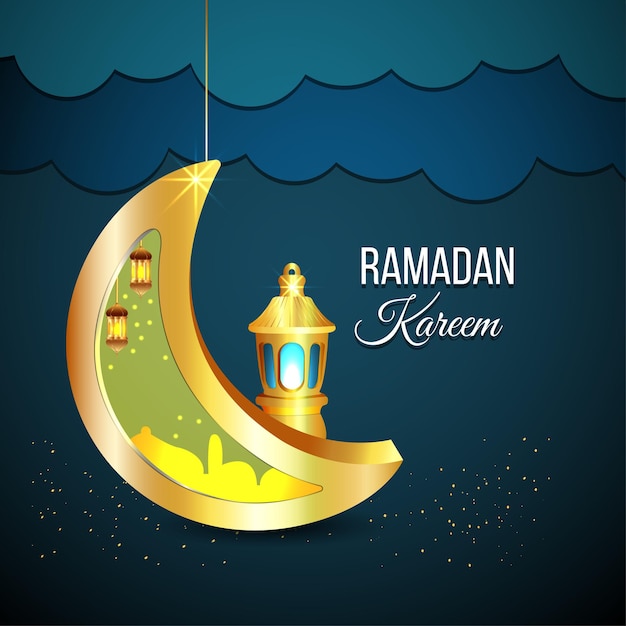 Celebración del festival islámico de ramadan kareem con luna dorada y linterna