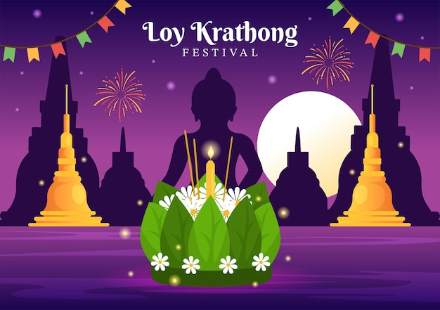 Celebración del festival loy krathong en tailandia plantilla ilustración con krathongs flotando en el agua