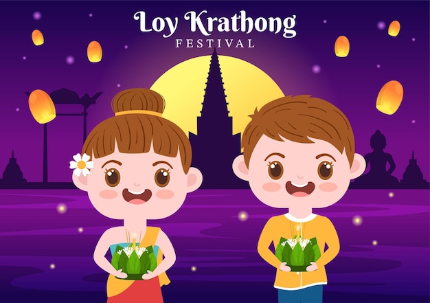 Celebración del Festival Loy Krathong en Tailandia Plantilla Ilustración con Krathongs flotando en el agua