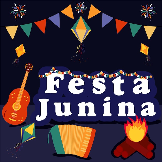Celebración del festival de música Festa Junina Diseño de fondo Decoración de hoguera de guitarra e instrumentos Ilustración vectorial