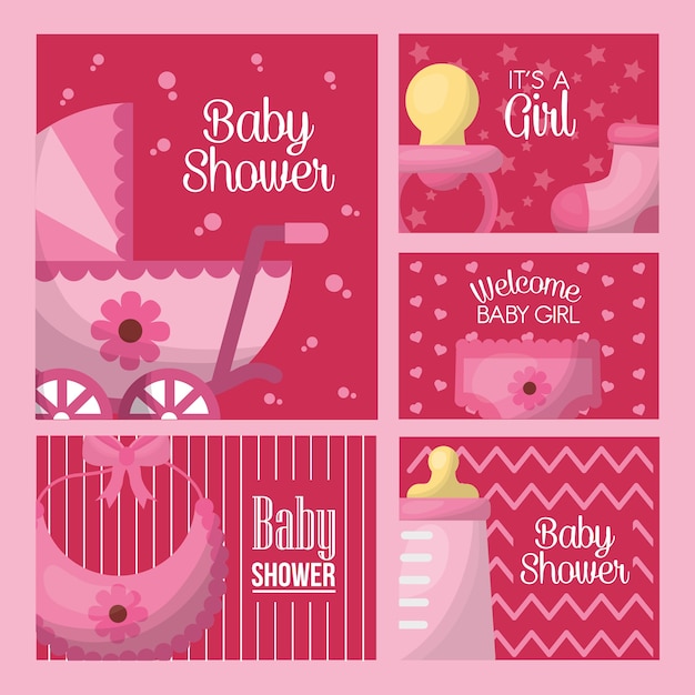 celebración de la fiesta de bienvenida al bebé etiquetas de color rosa nacido chica bebé babero biberón leche chupete