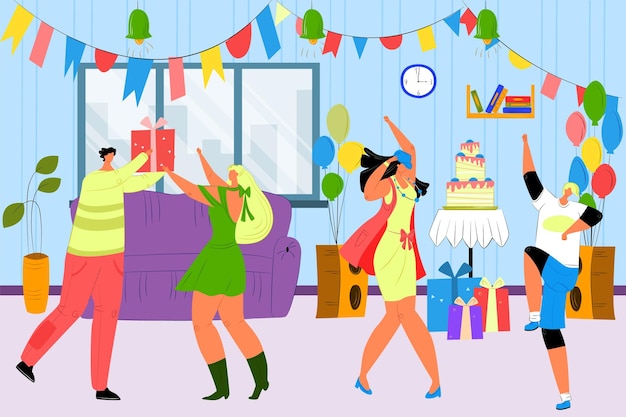 Vector celebración de la fiesta de cumpleaños con gente divertida y feliz bailando en la fiesta divirtiéndose y dando regalos ilustración de vector de dibujos animados plana de fiesta