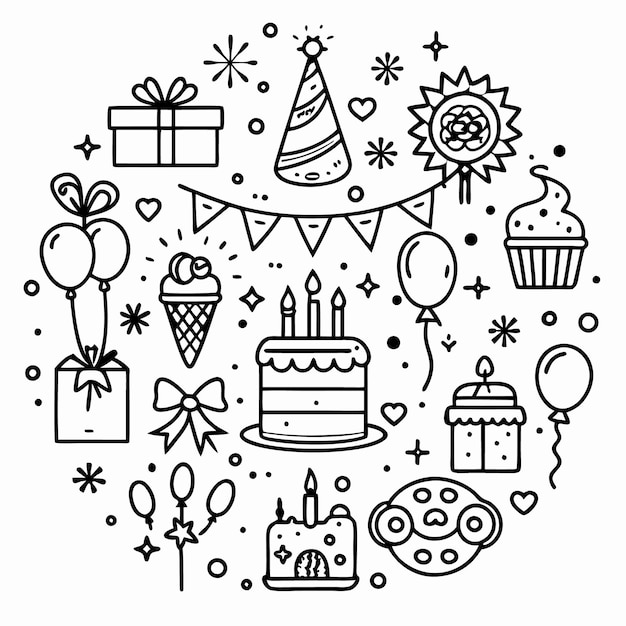 Celebración de la fiesta de cumpleaños con regalos de globos de pastel y confeti al estilo de la línea