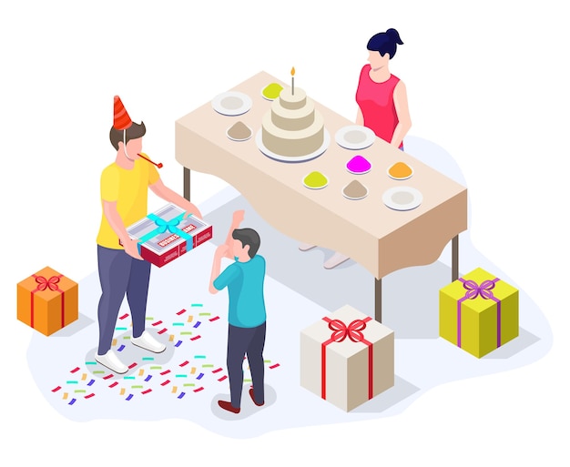 Vector celebración de la fiesta de cumpleaños con regalos y pastel, ilustración isométrica de vector plano.