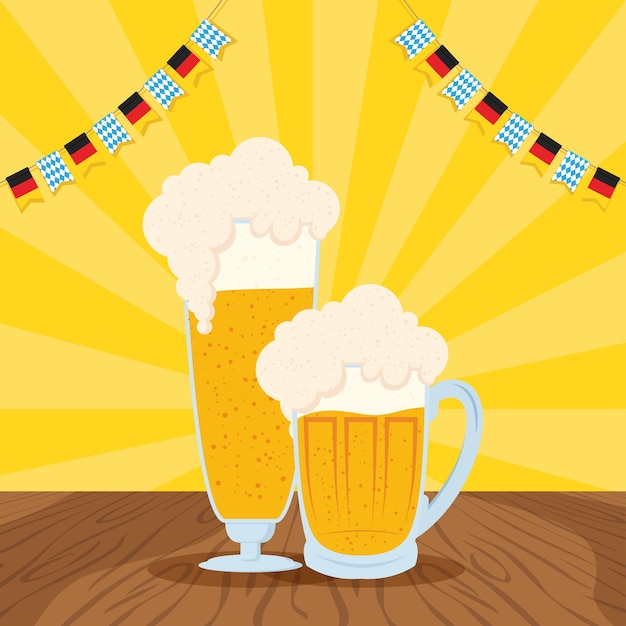Celebración de la fiesta de oktoberfest con cervezas y guirnaldas, diseño de ilustraciones vectoriales