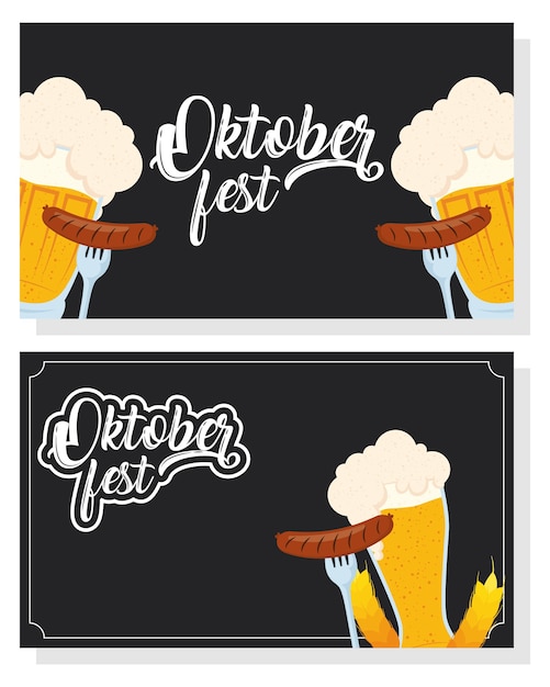 Celebración de la fiesta de oktoberfest con jarras de cerveza y salchichas, diseño de ilustraciones vectoriales