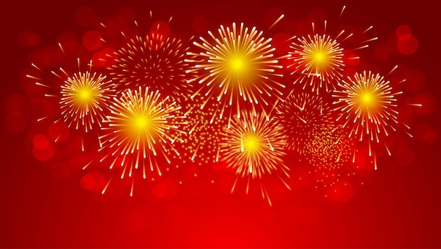 Vector celebración de fuegos artificiales de oro sobre fondo rojo para el año nuevo chino