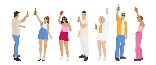 Celebración grupal joven feliz baile personaje de dibujos animados entretenimiento activo amistad juvenil actuación de baile aislado sobre fondo blanco ilustración vectorial