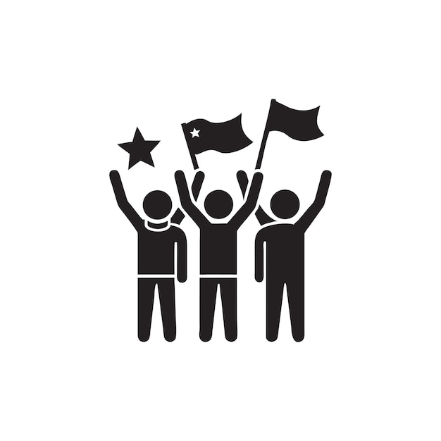 Celebración y icono de la victoria multitud entusiasta con banderas vector