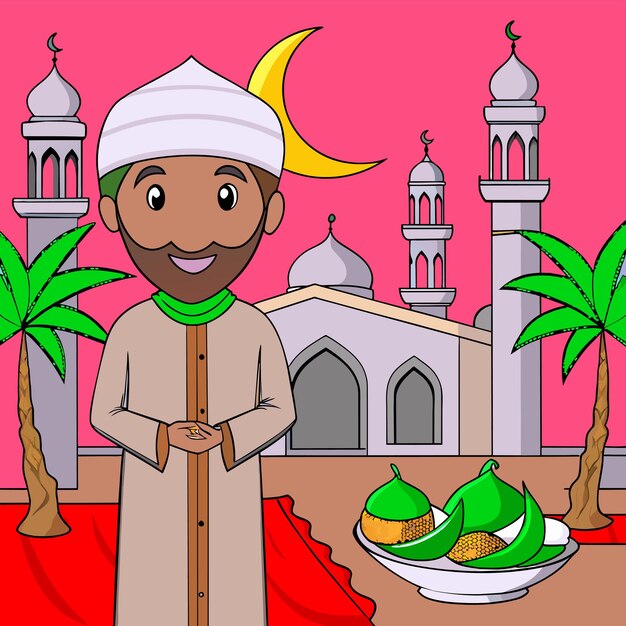 Celebración islámica del ramadán fiesta de iftar mascota dibujada a mano personaje de dibujos animados pegatina concepto de icono